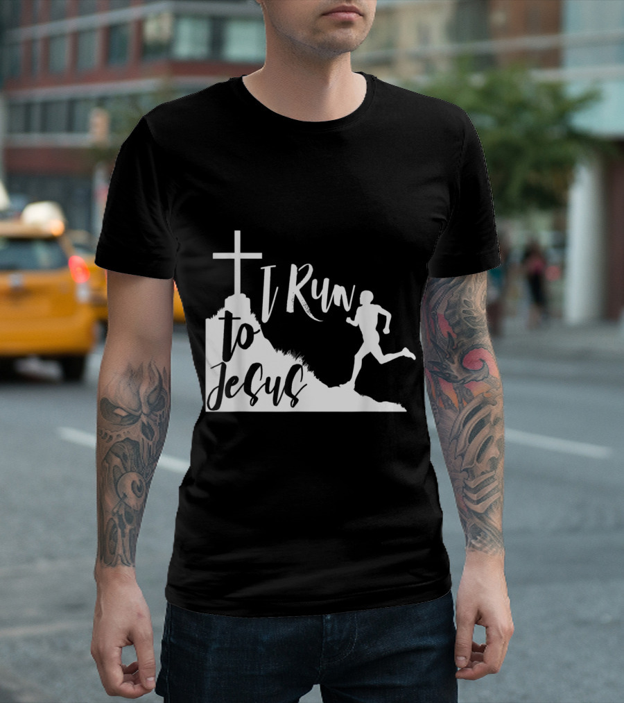 I Run to Jesus Jogging Running Religious Cross T-Shirt