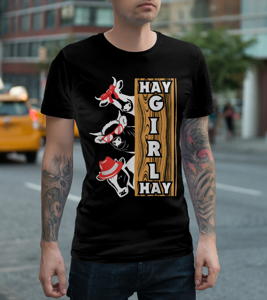 Hay Girl Hay Cows Funny Womanizer With Red Hats And Glasses T-Shirt