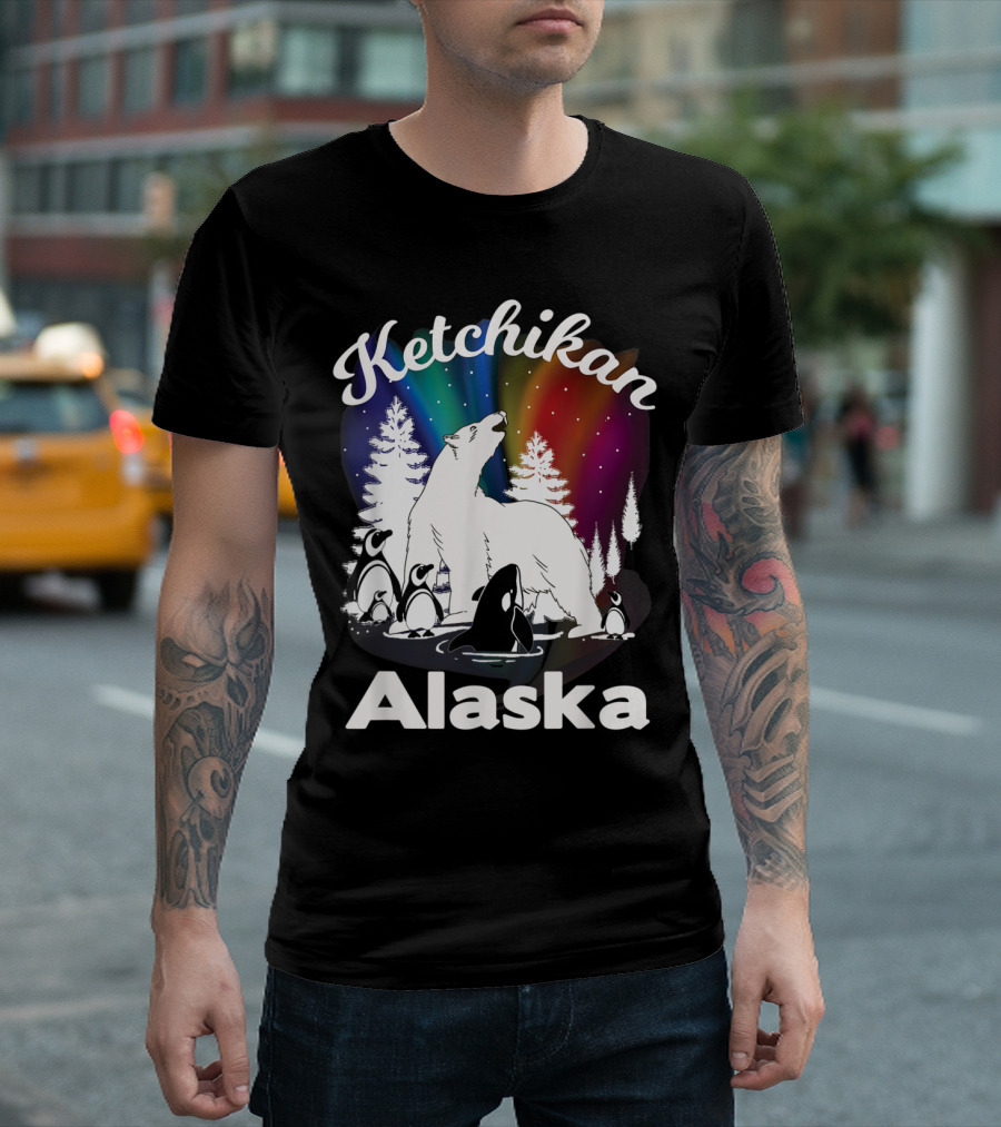Ketchikan Alaska Polar Bear Orca Penguins Aurora Borealis T-Shirt