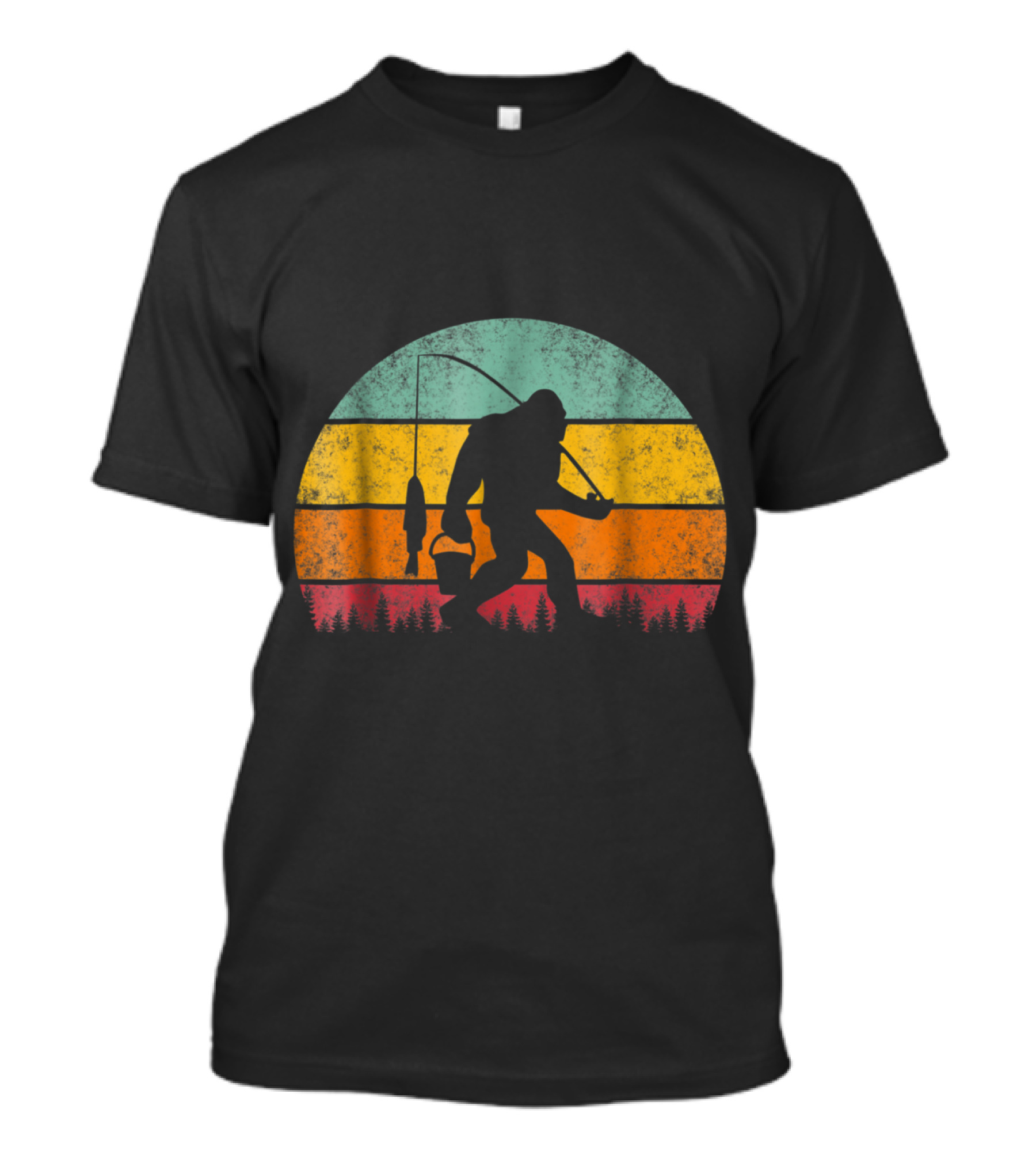 Bigfoot Fishing At Sunset With Retro Stripes T-Shirt