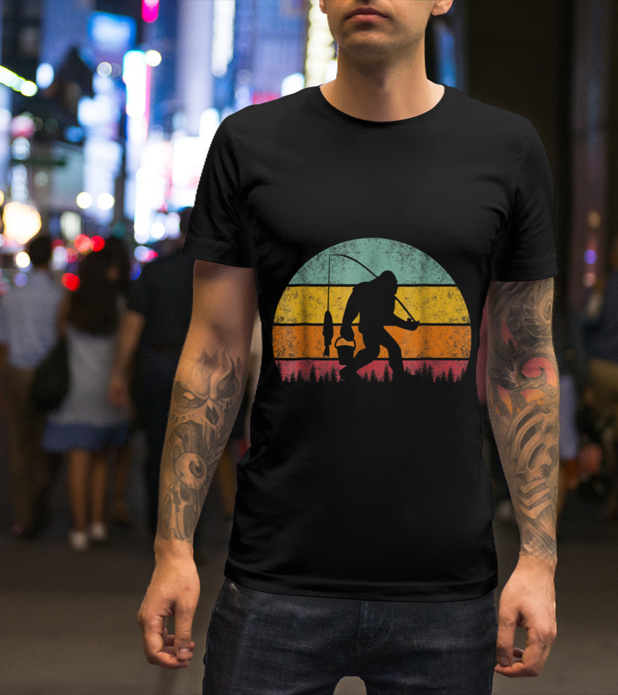 Bigfoot Fishing At Sunset With Retro Stripes T-Shirt
