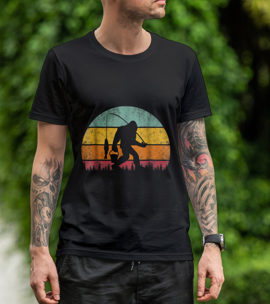 Bigfoot Fishing At Sunset With Retro Stripes T-Shirt