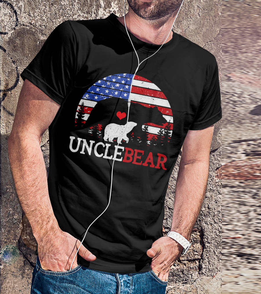 Uncle Bear American Flag Heart Forest Silhouette 4th Of July T-Shirt