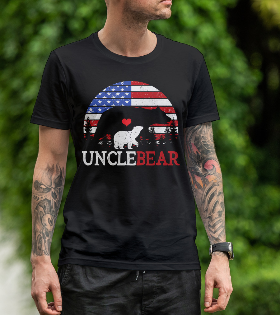 Uncle Bear American Flag Heart Forest Silhouette 4th Of July T-Shirt