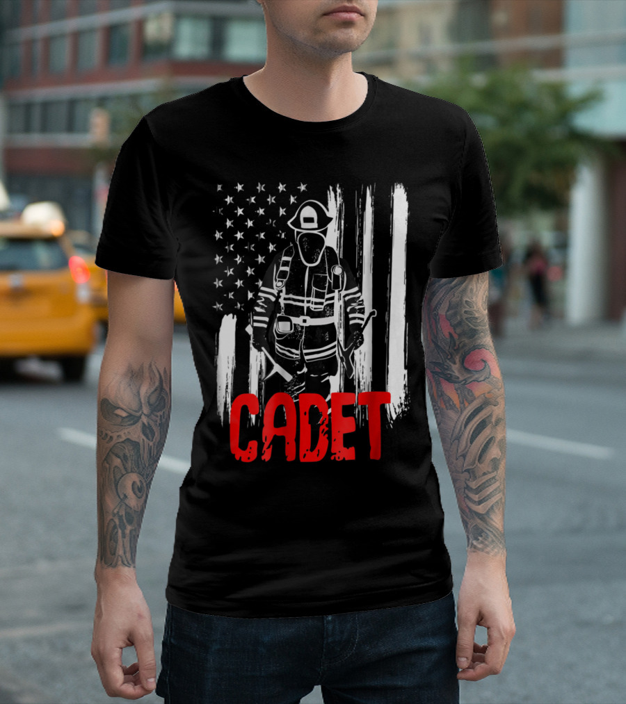 Cadet Firefighter with American Flag Background T-Shirt
