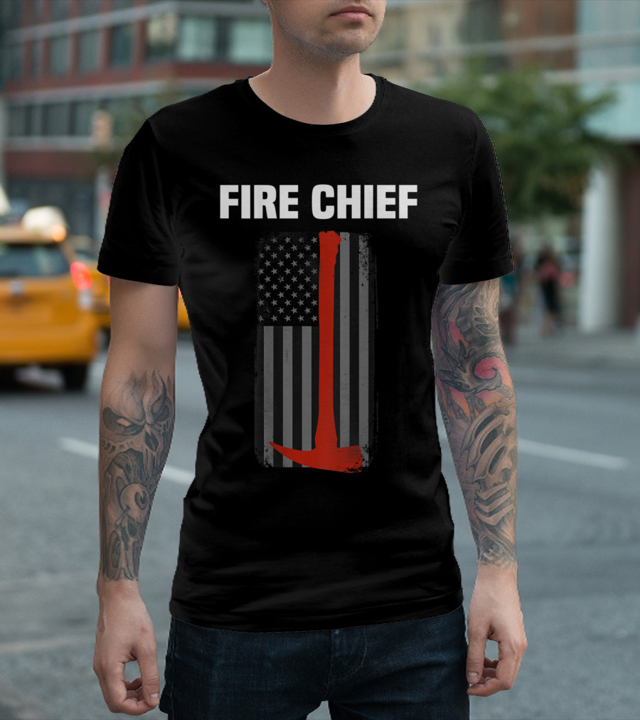 FIRE CHIEF American Flag with Red Firefighter Axe T-Shirt
