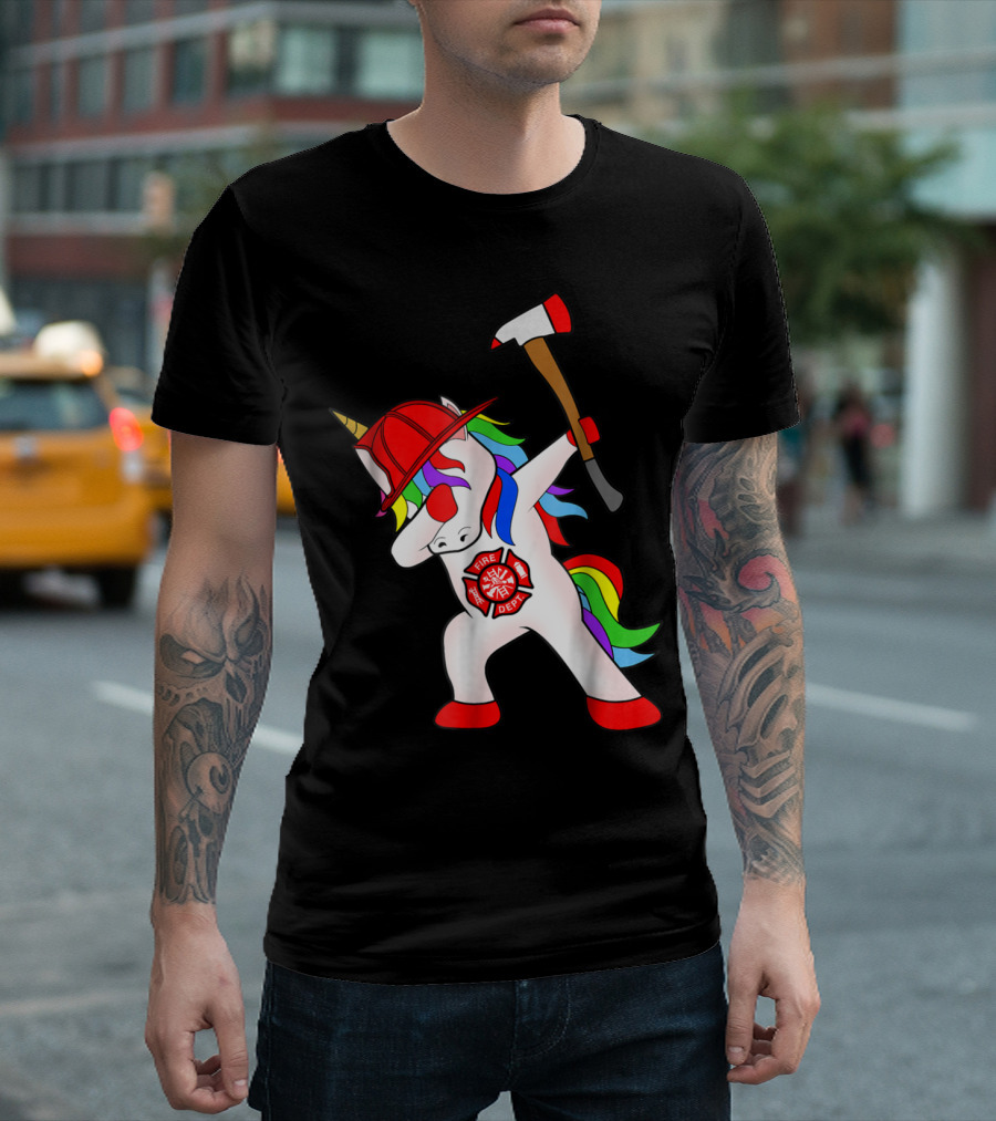 Unicorn Firefighter Dabbing Fire Dept Emblem with Axe T-Shirt
