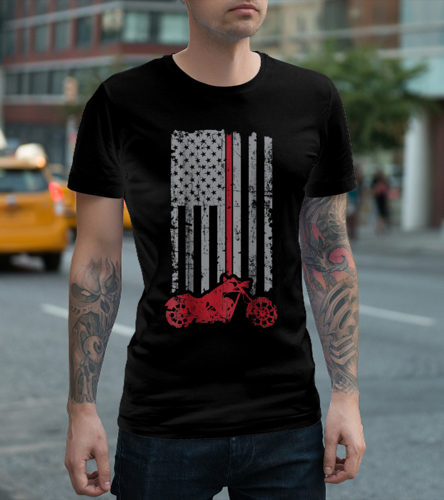 Firefighter Biker Thin Red Line USA American Flag Motorcycle T-Shirt