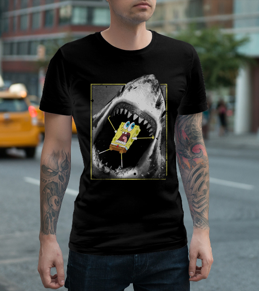 Spongebob Squarepants Inside Shark Mouth Cartoon Image T-Shirt