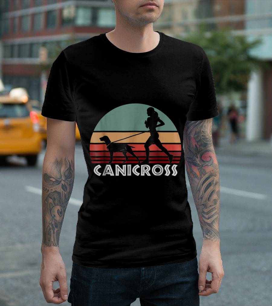 Canicross Cross Country Runner with Dog Retro Sunset T-Shirt