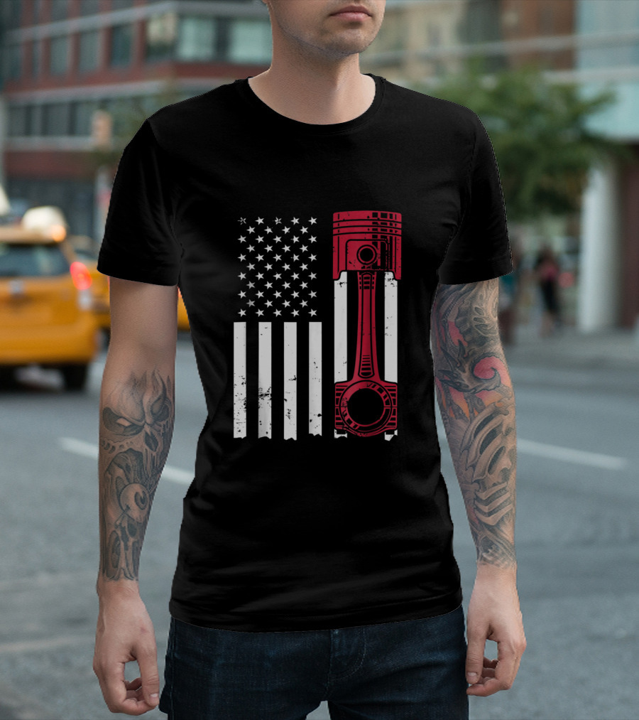 Car Enthusiast American Flag Piston USA T-Shirt