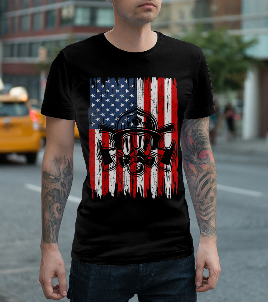 Firefighter Mask with American Flag Design USA T-Shirt