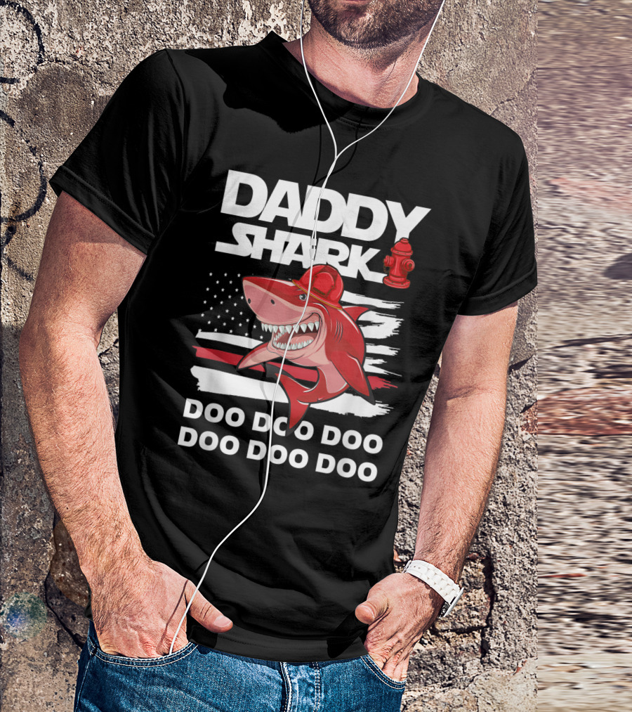 Firefighter Daddy Shark Doo Doo American Flag T-Shirt