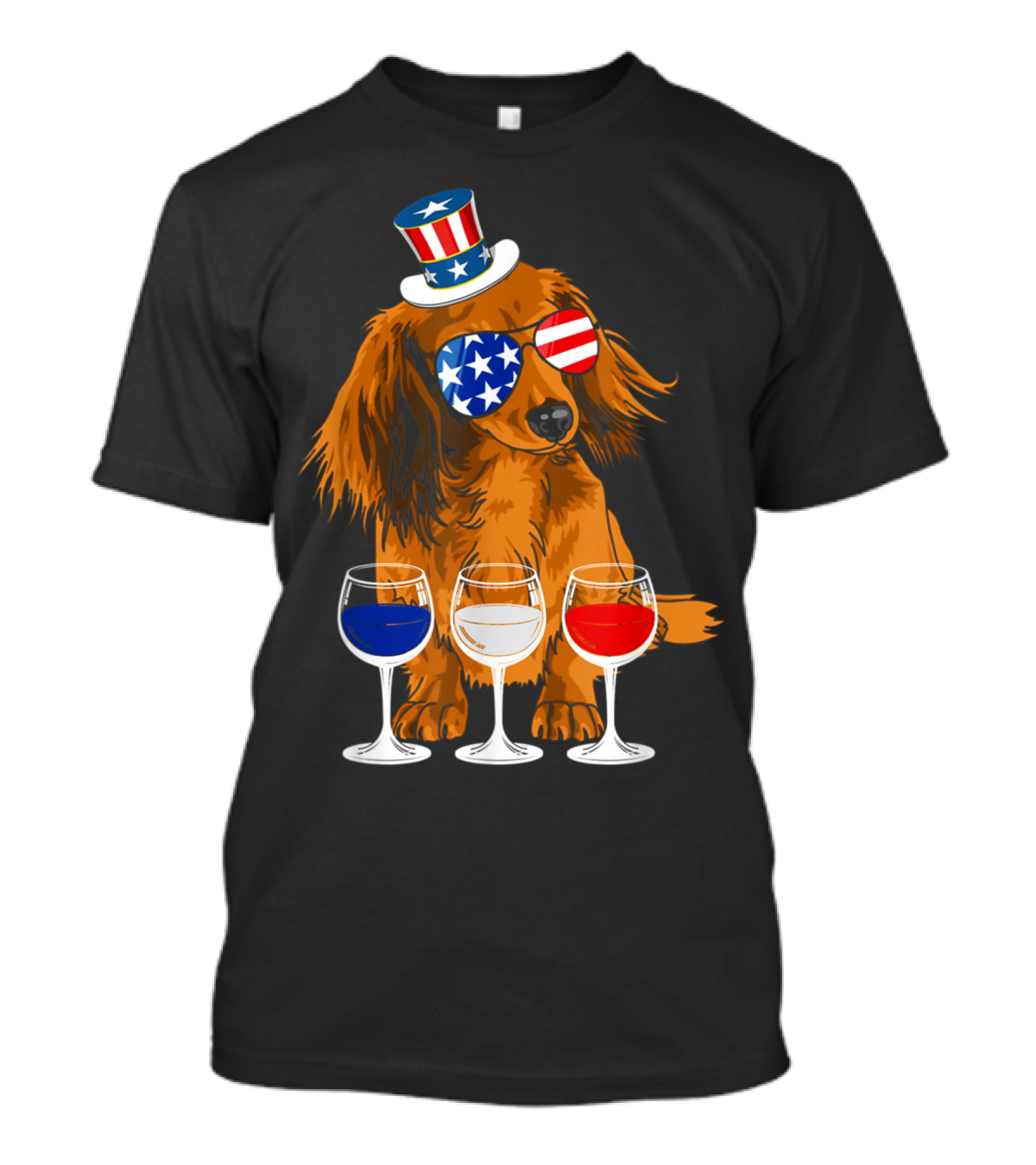 Dachshund Breed Dog Patriotic Wine Red White Blue Amer Flag Glasses Hat T-Shirt