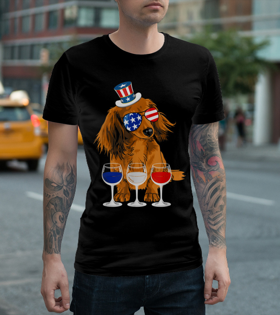 Dachshund Breed Dog Patriotic Wine Red White Blue Amer Flag Glasses Hat T-Shirt