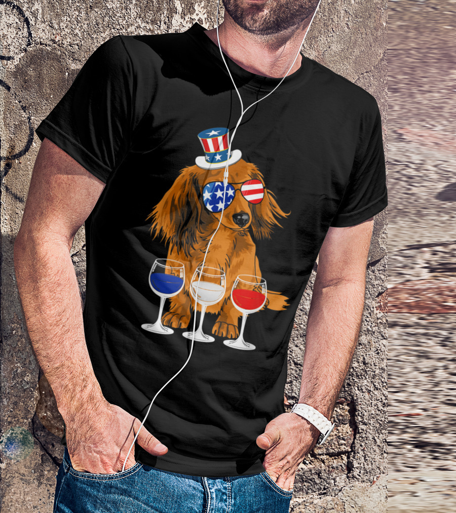 Dachshund Breed Dog Patriotic Wine Red White Blue Amer Flag Glasses Hat T-Shirt