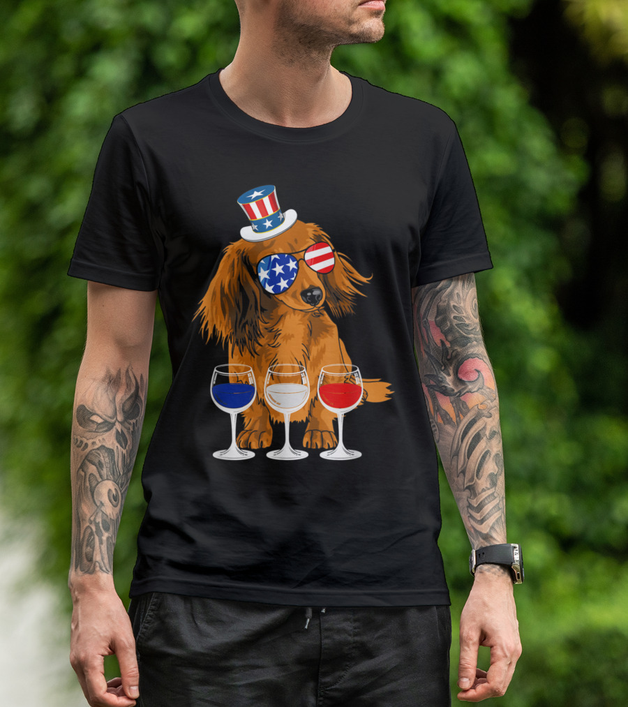 Dachshund Breed Dog Patriotic Wine Red White Blue Amer Flag Glasses Hat T-Shirt