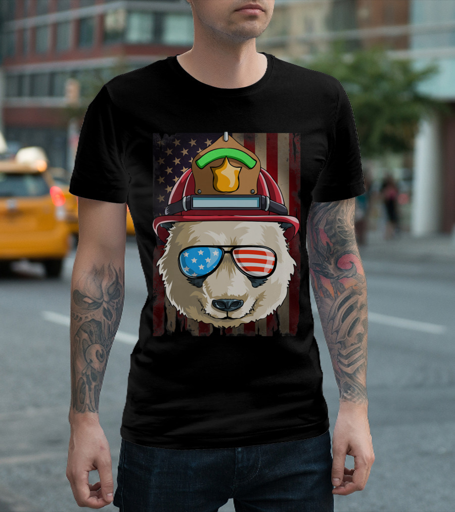 Firefighter Panda American Flag Sunglasses Fourth of July T-Shirt