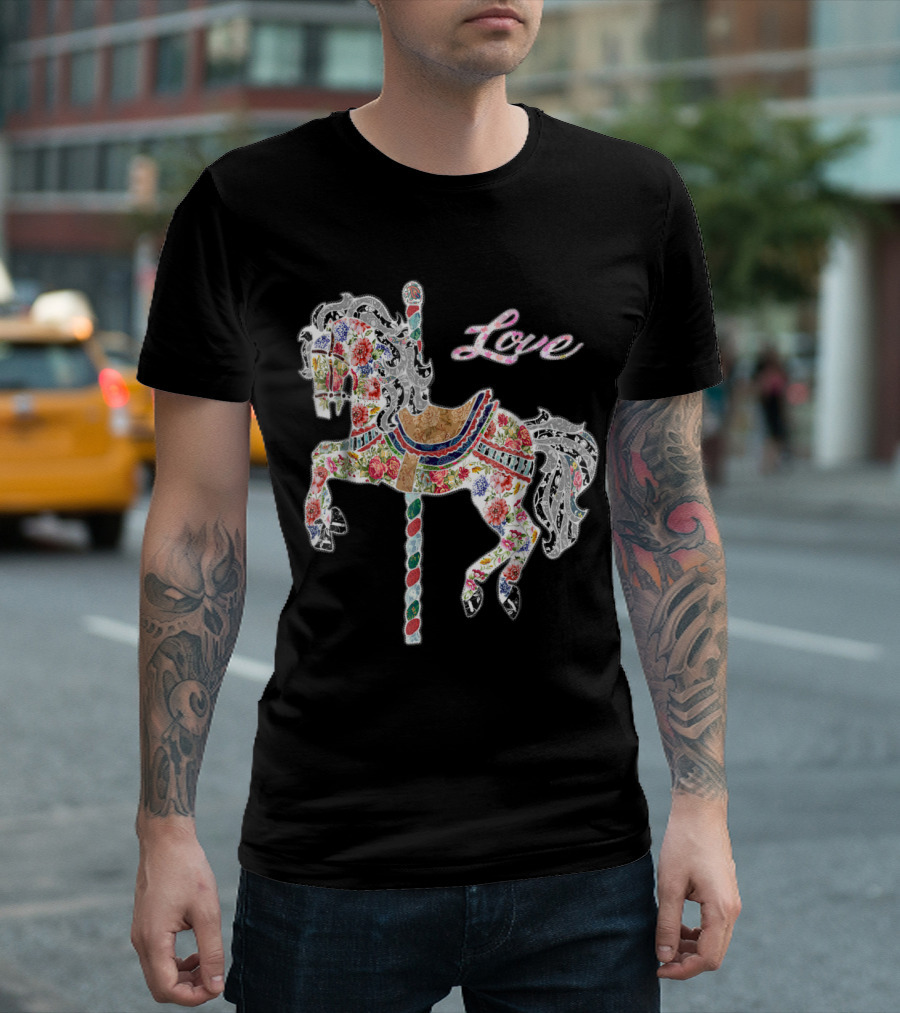 Love Carousel Horse Vintage Illustration Quilti T-Shirt