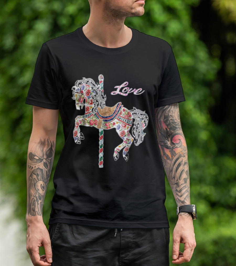 Love Carousel Horse Vintage Illustration Quilti T-Shirt