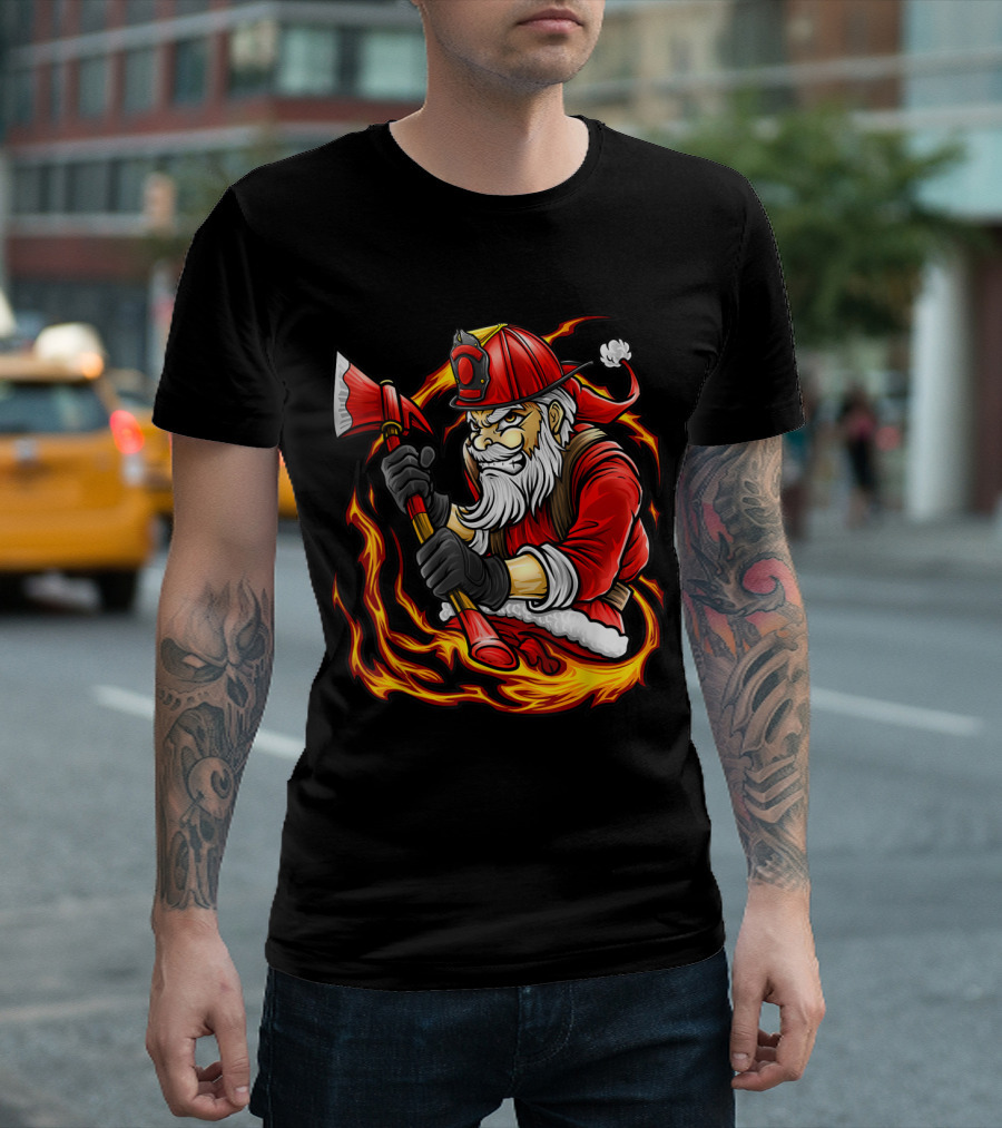 Firefighter Santa Christmas Holiday Axe Flame T-Shirt