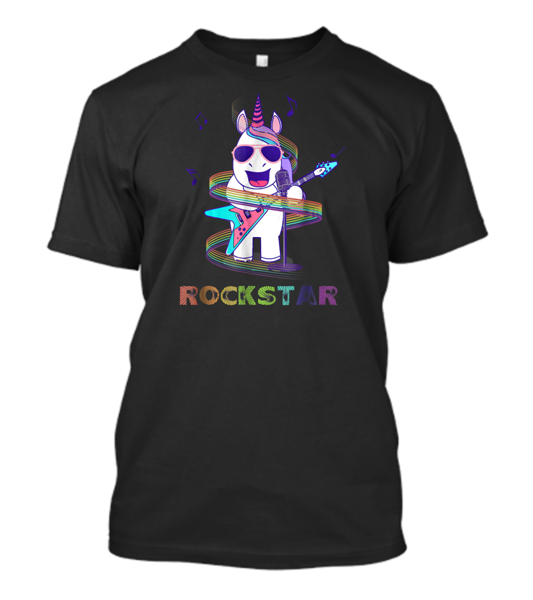 Rockstar Unicorn With Electric Guitar And Microphone Music Notes T-Shirt