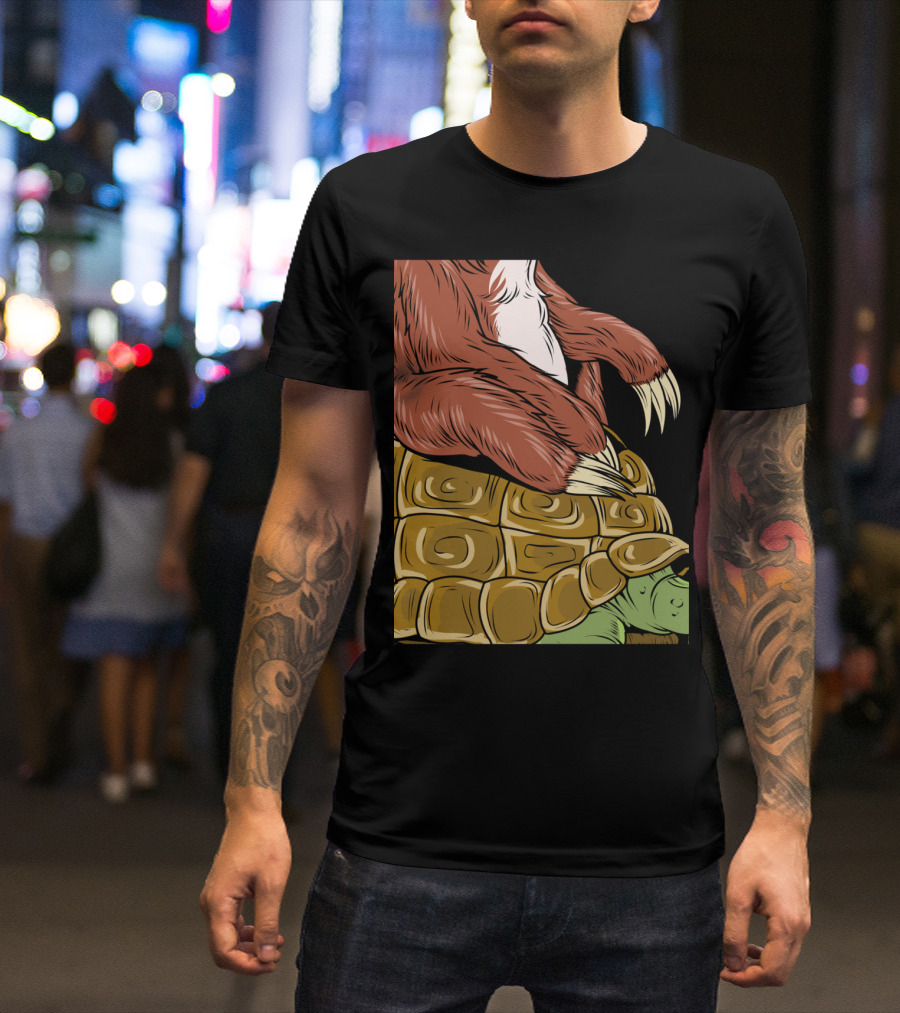 Funny Running Sloth Riding Tort Turtle T-Shirt