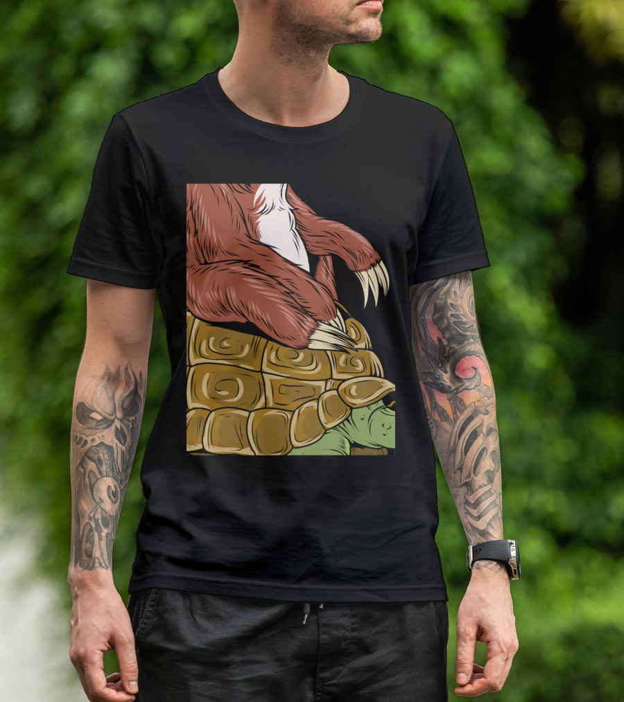 Funny Running Sloth Riding Tort Turtle T-Shirt