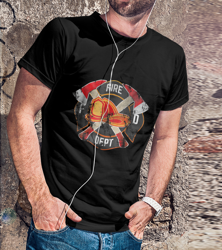 Firefighter Fireman Fire Dept Maltese Cross Helmet Axes T-Shirt