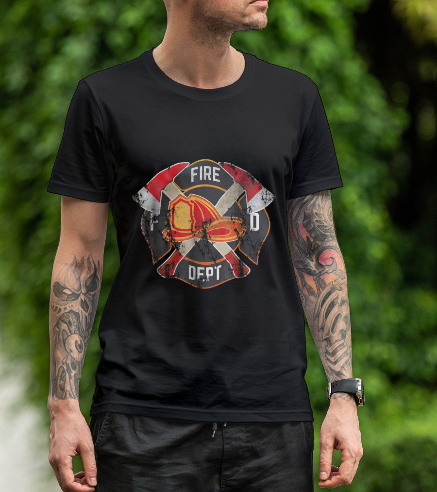 Firefighter Fireman Fire Dept Maltese Cross Helmet Axes T-Shirt