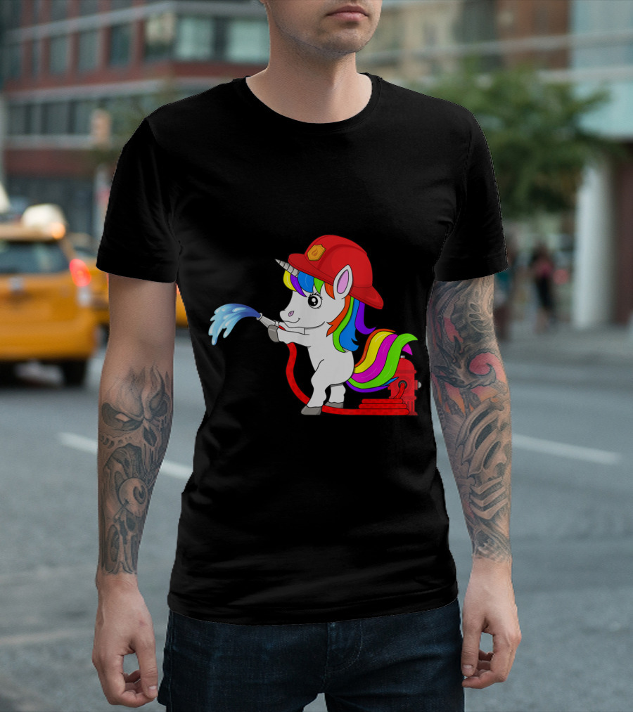Firefighter Unicorn with Rainbow Mane and Fire Hose T-Shirt
