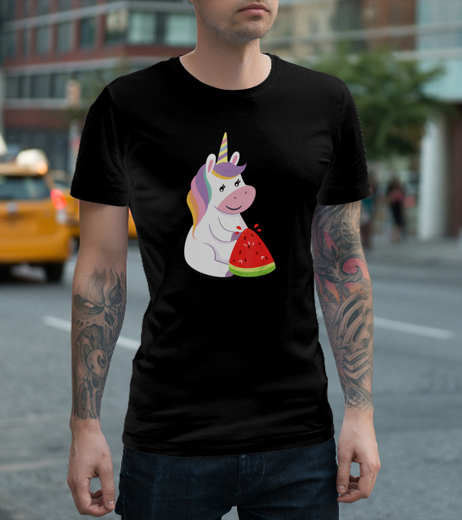 Unicorn Watermelon Lover with Rainbow Mane Eating Slice T-Shirt