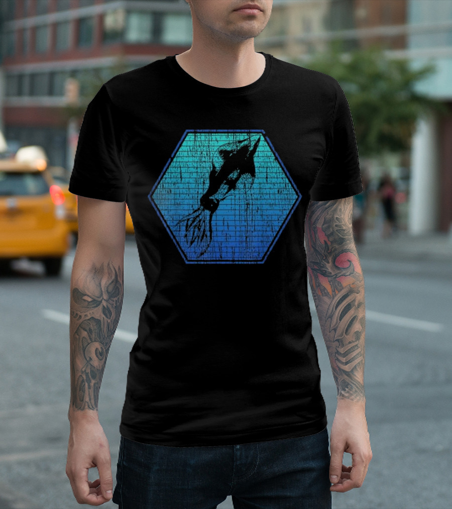 Squid Marine Biologist Ocean Blue Hexagon Texture T-Shirt