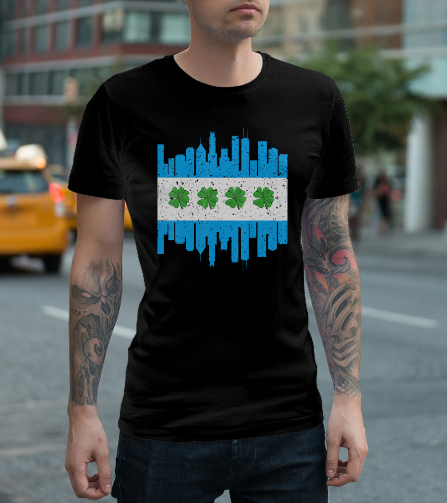 Chicago Skyline with Shamrocks St Patricks Day Flag T-Shirt