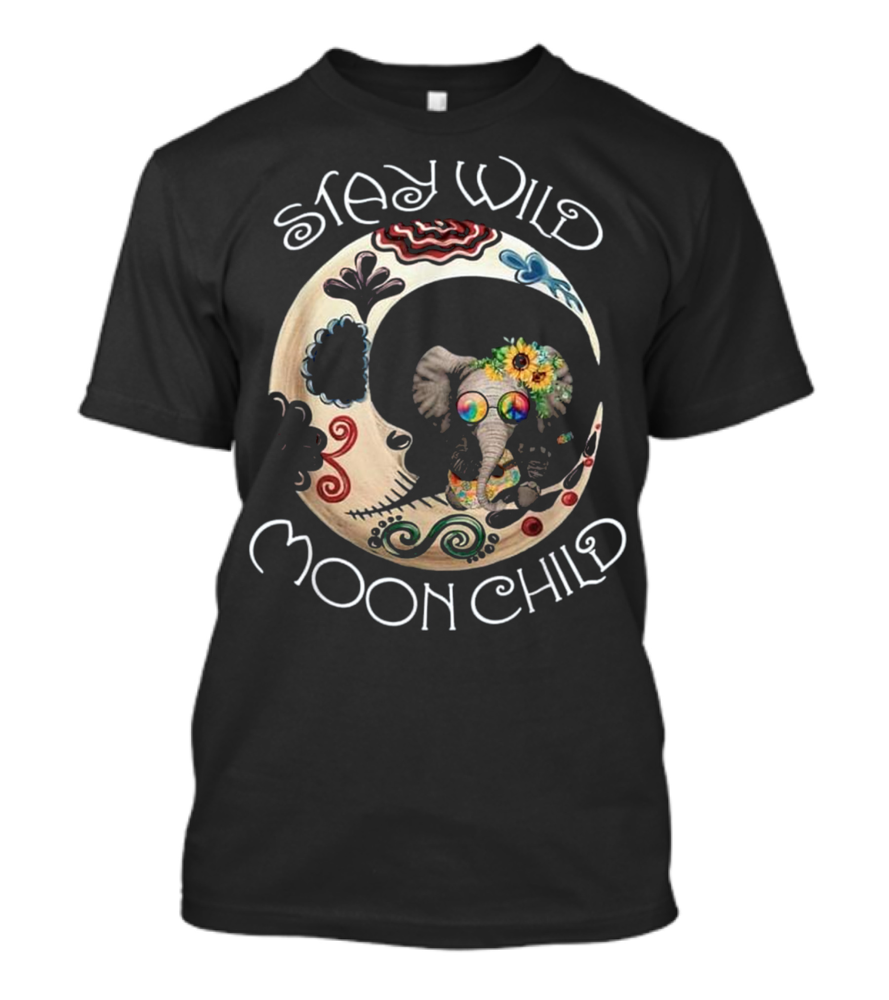 Stay Wild Moon Child Bohemian Elephant With Psychedelic Floral T-Shirt