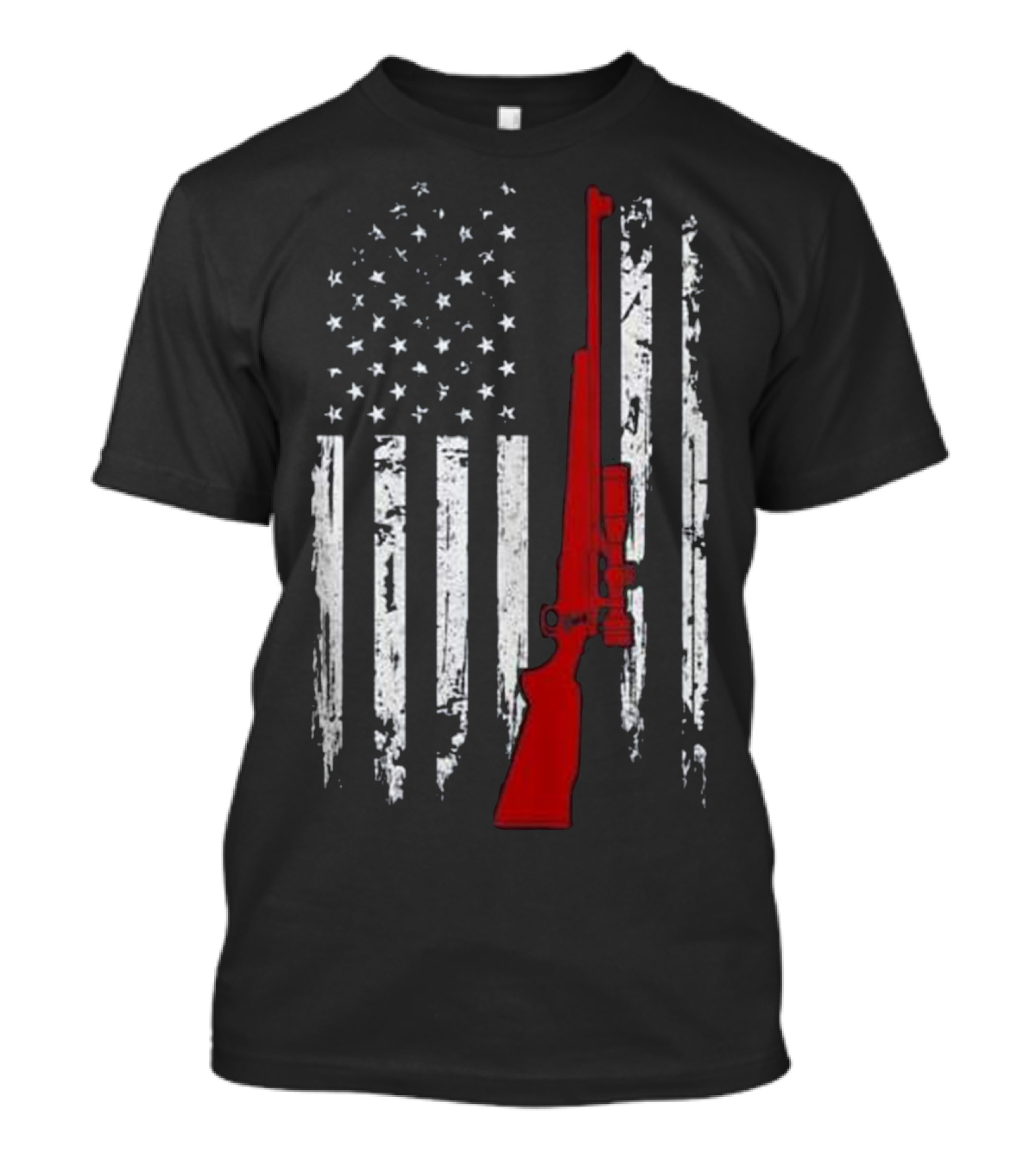 USA Distressed Flag With Red Hunting Rifle Deer Hunter T-Shirt