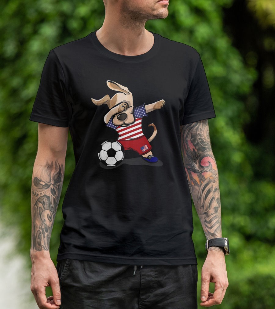 USA Dog Dabbing Soccer Boy American Flag Footballer United States T-Shirt