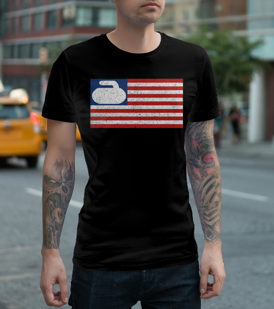 USA Flag With Curling Stone T-Shirt