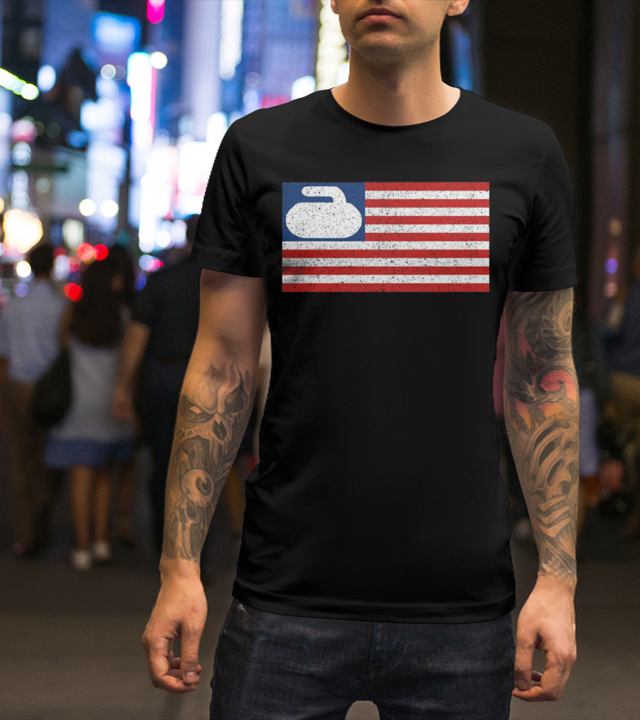 USA Flag With Curling Stone T-Shirt