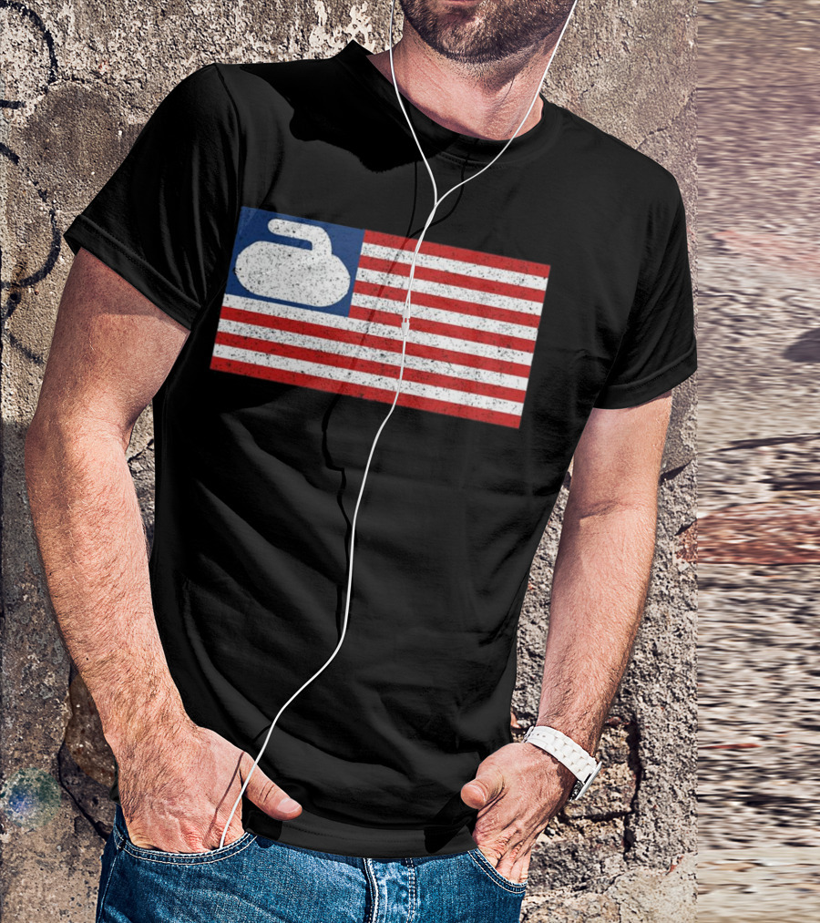 USA Flag With Curling Stone T-Shirt