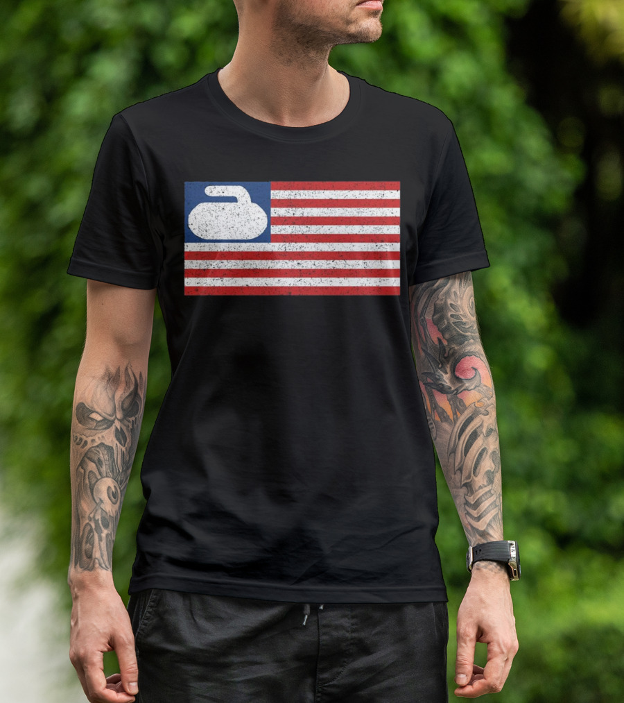 USA Flag With Curling Stone T-Shirt