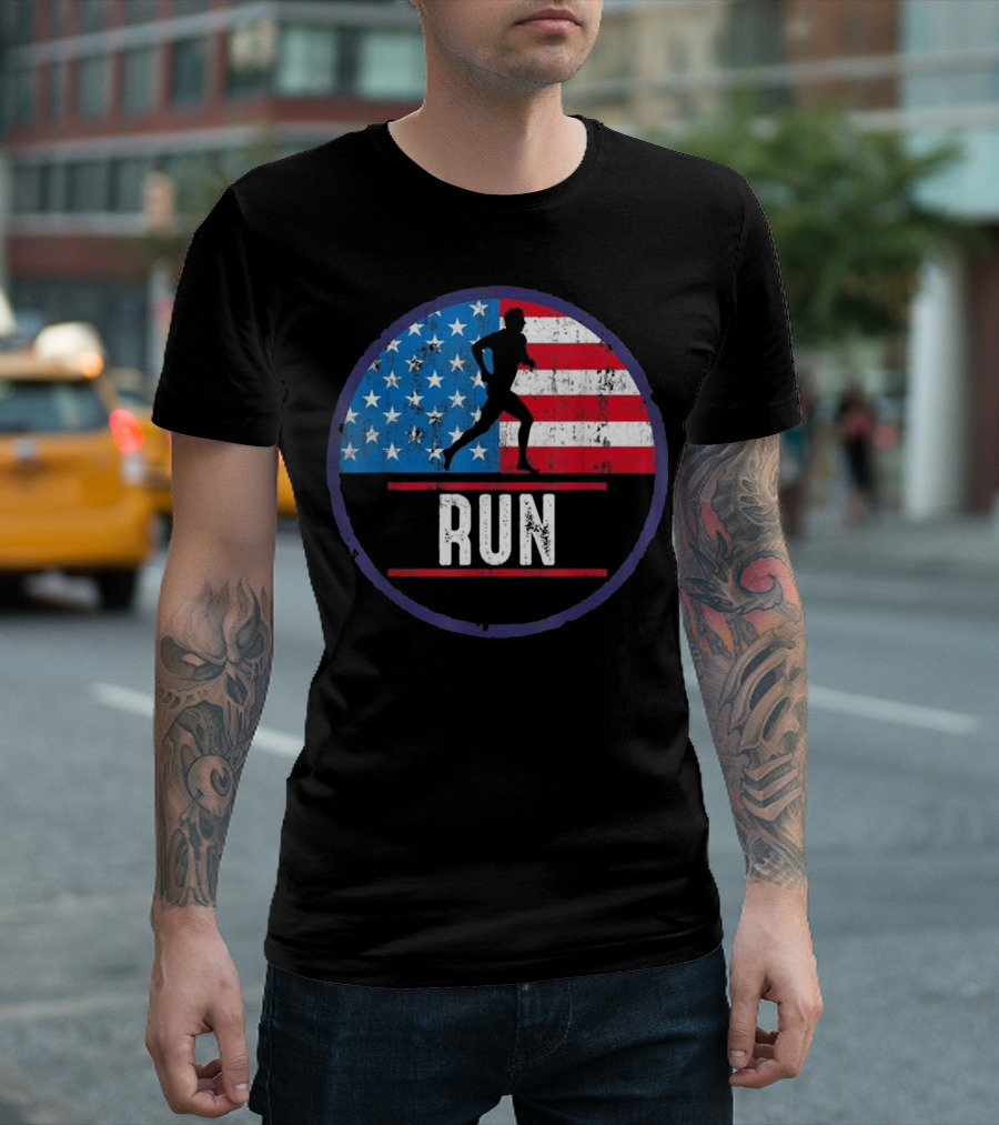 USA Flag RUN Track And Field Silhouette T-Shirt
