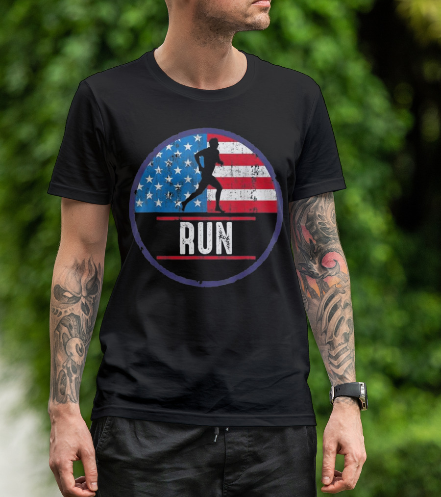 USA Flag RUN Track And Field Silhouette T-Shirt