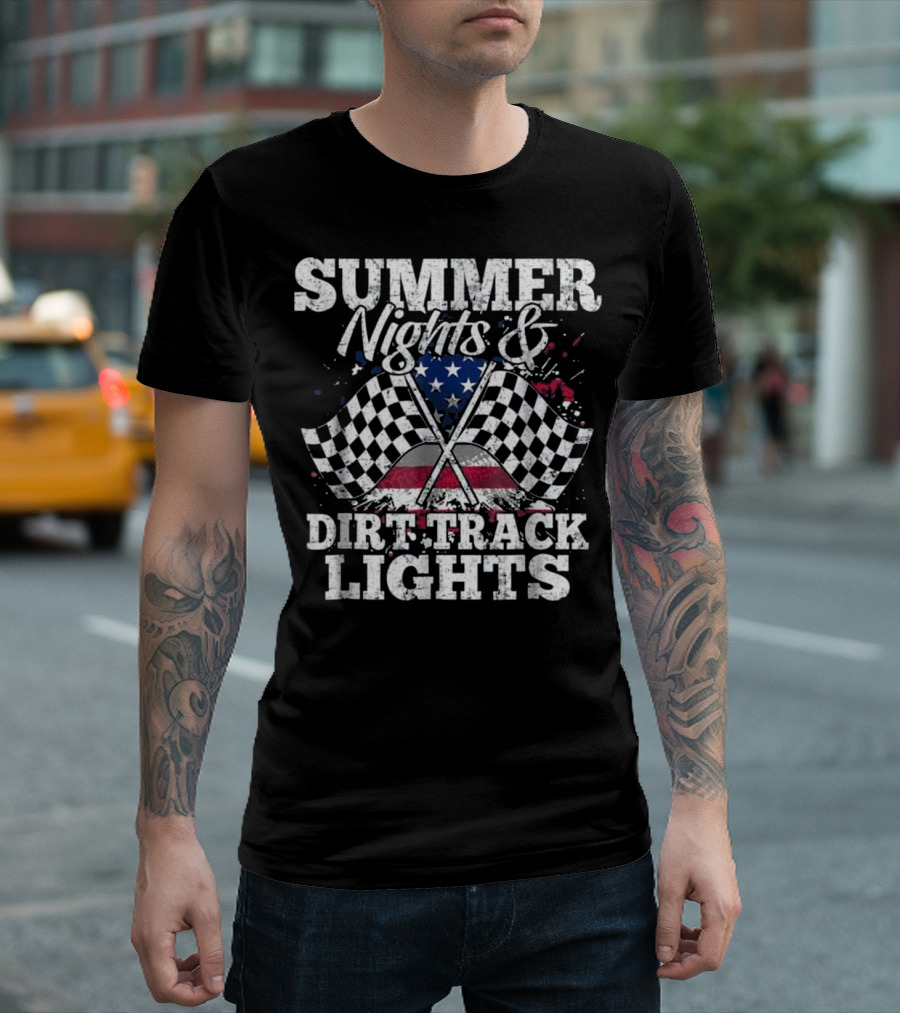 Summer Nights and Dirt Track Lights American Flag Checkered Racing T-Shirt