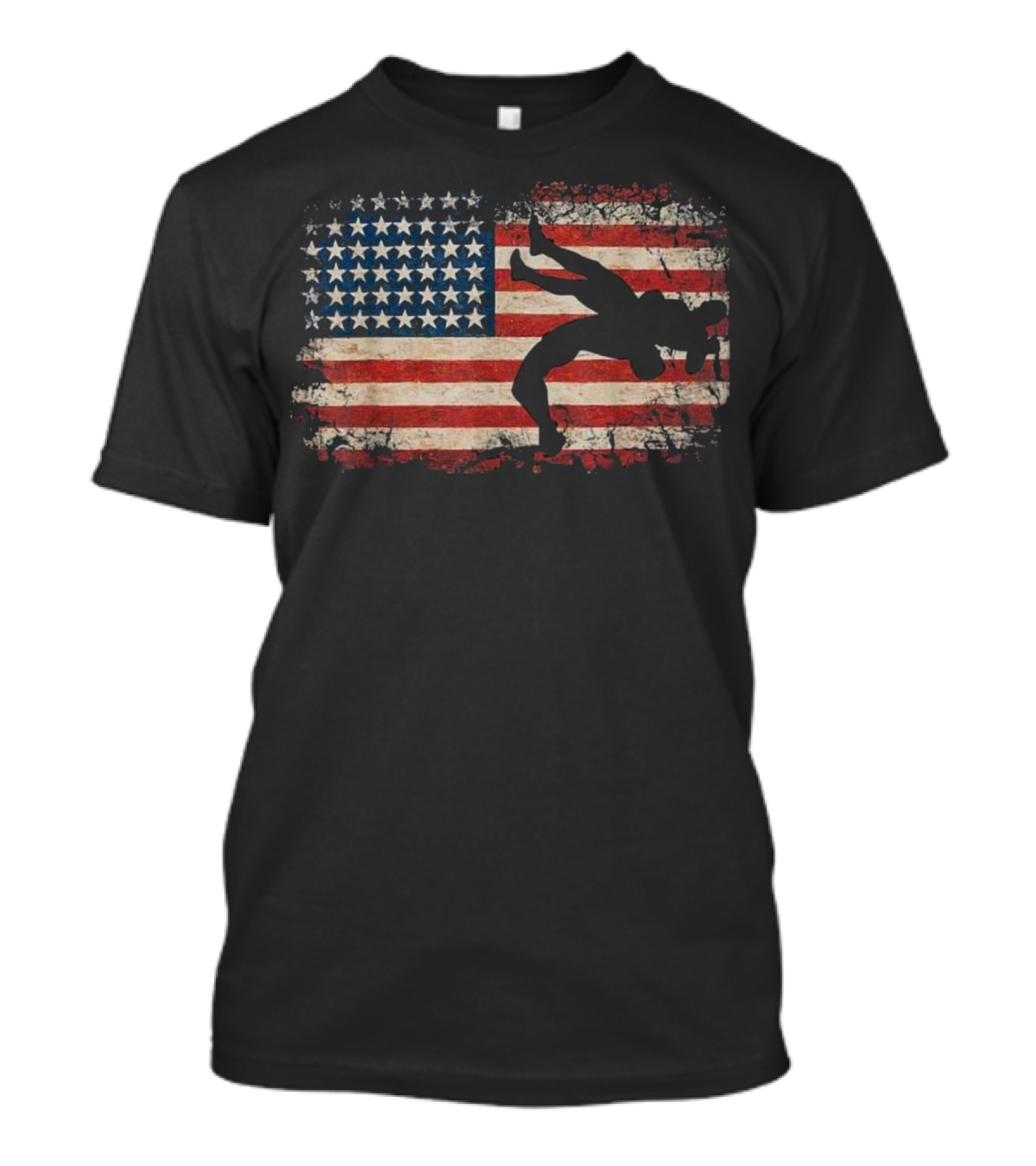 USA Flag Wrestling Silhouette Against American Flag Background T-Shirt