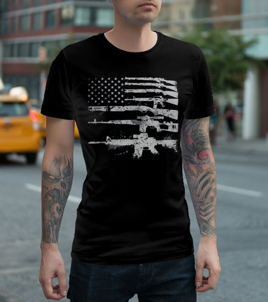 USA Flag with Rifles and Stars Stripes Military Guns Weapons T-Shirt