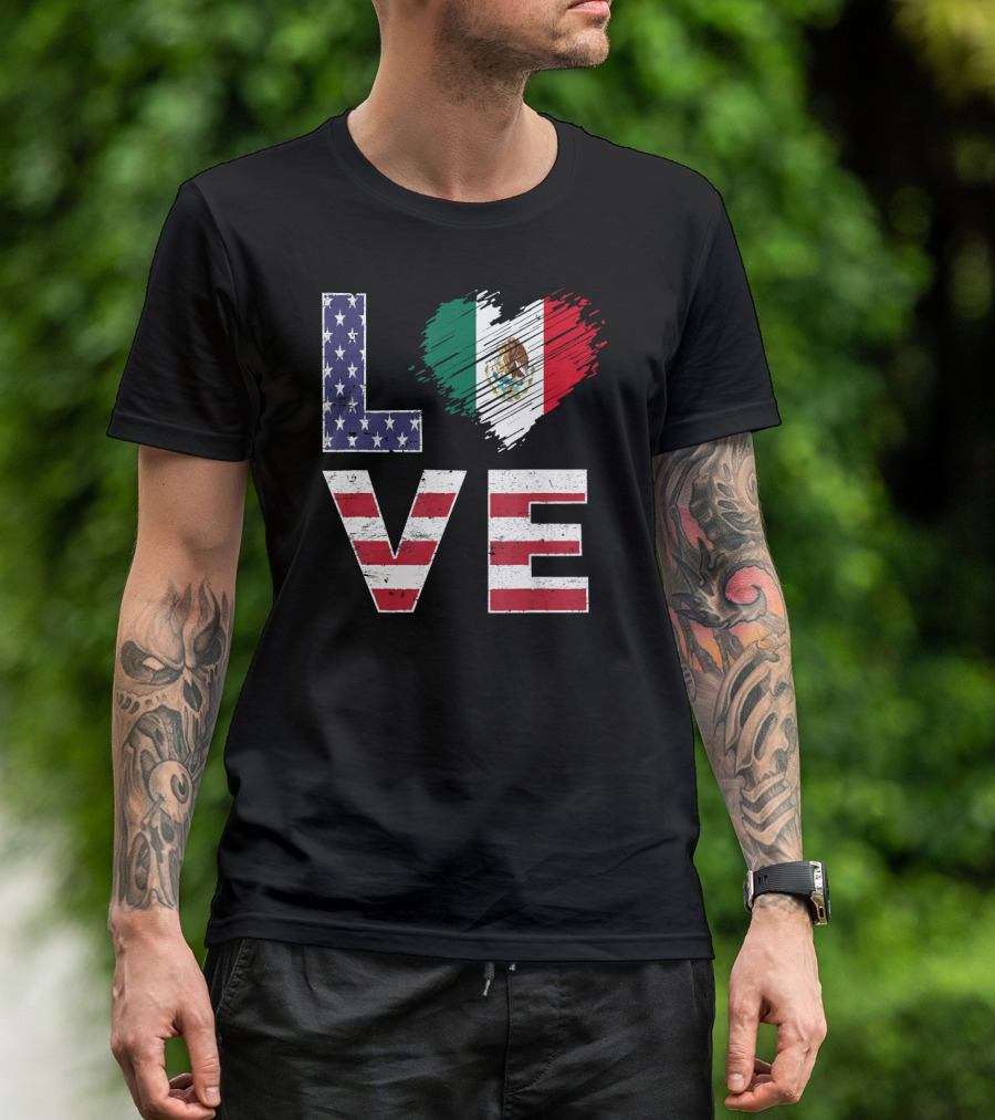LOVE USA Mexico Flag Heart Mexican American T-Shirt