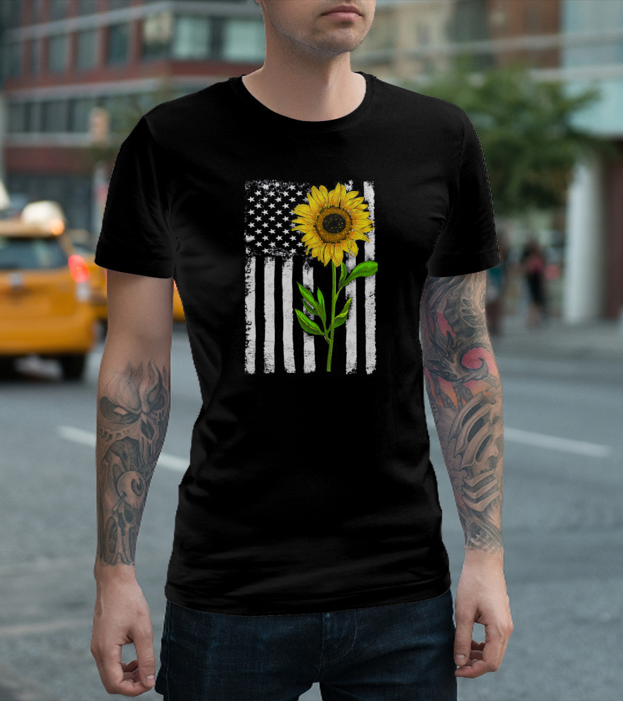 Patriotic Sunflower with American Flag for 4th of July T-Shirt