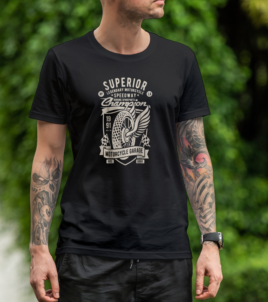 Superior Legendary Motorcycle Speedway Champion Winged Tire Motorcycle Garage 1991 Ride Hard T-Shirt