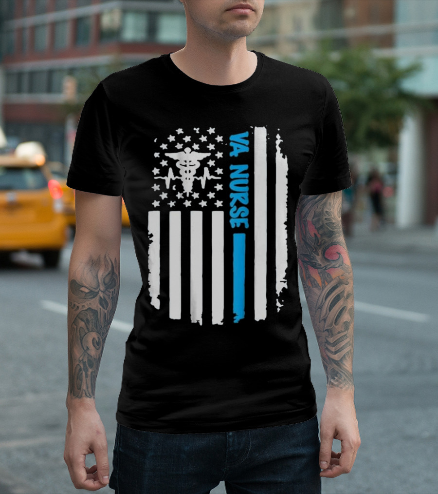 VA Nurse Distressed American Flag Blue Line Caduceus T-Shirt
